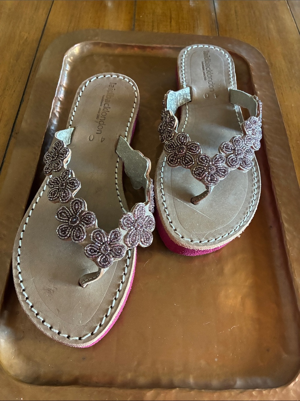 Beaded Floral Thong Sandals in Pink by Laid Back London